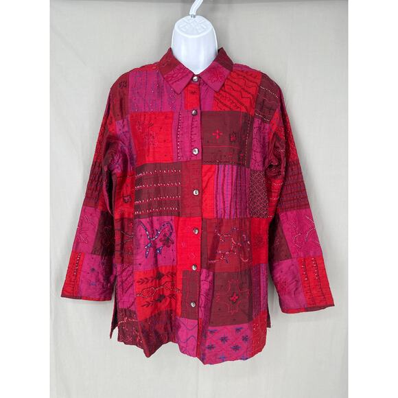 90s Vintage Jacket Womens Medium Pink Satin Patchwork Silk Beaded Boho Cottage - Picture 1 of 9